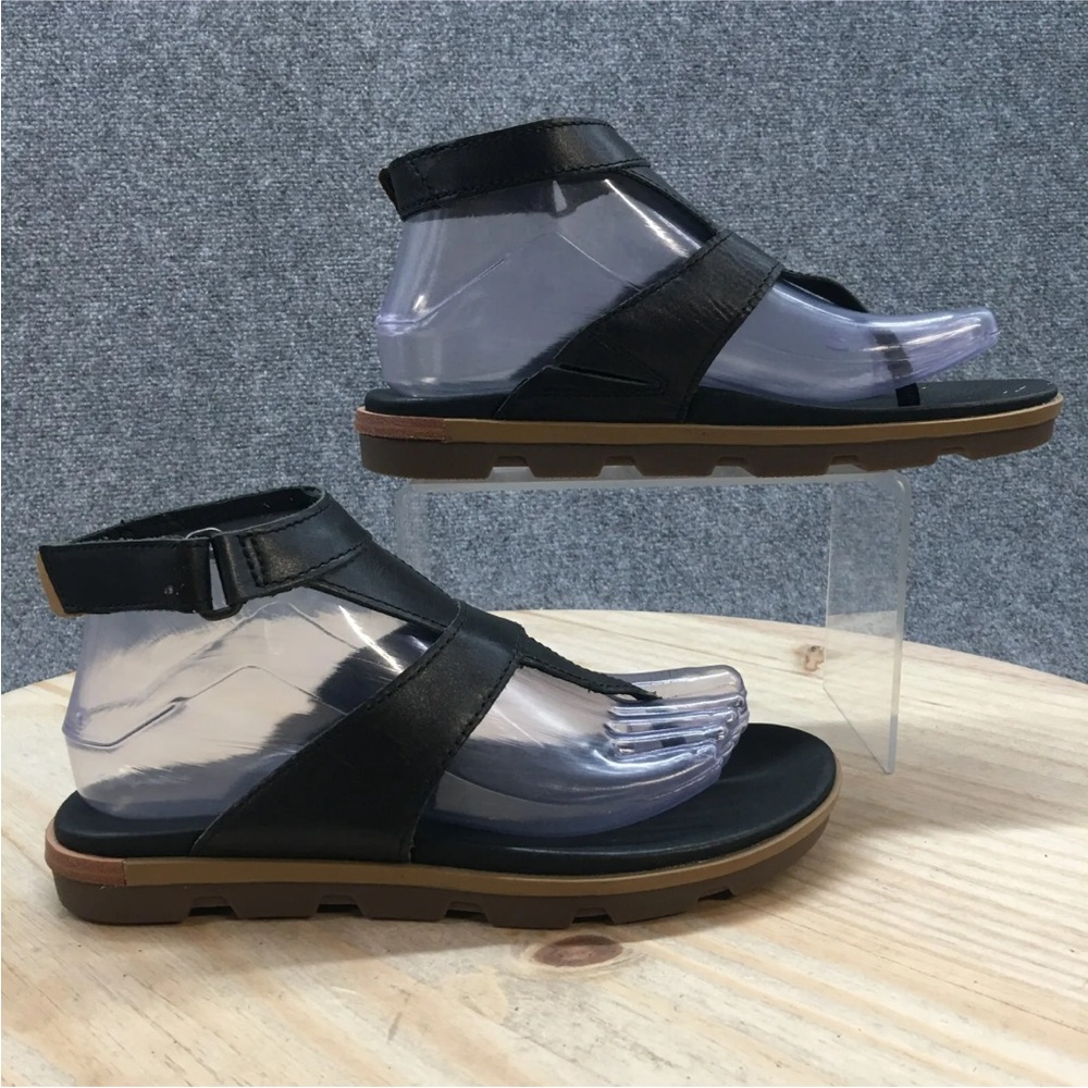 Sorel Women’s Black Leather Torpeda Ankle T-Strap Thong Sandals size 6.5